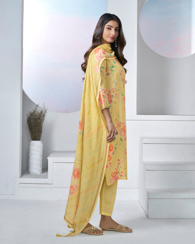 Yellow Printed With Lace Work Straight Kurta With Dyed Trousers And Printed Dupatta