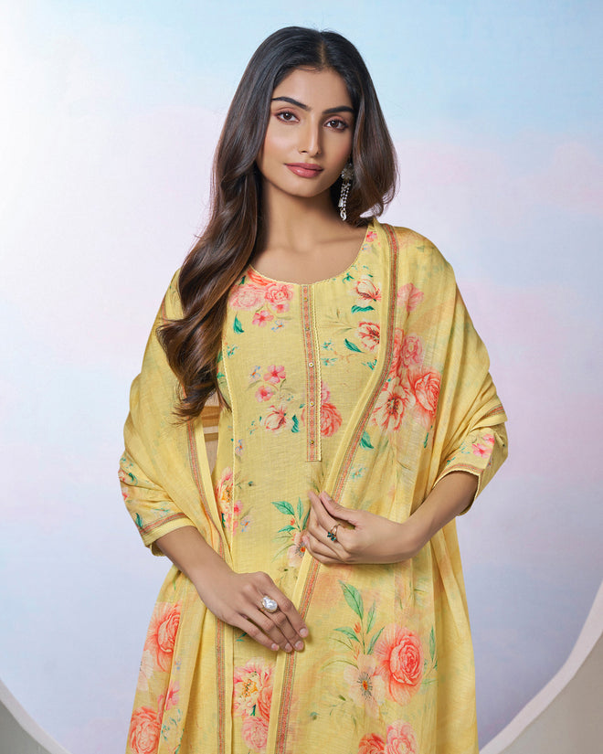 Yellow Printed With Lace Work Straight Kurta With Dyed Trousers And Printed Dupatta