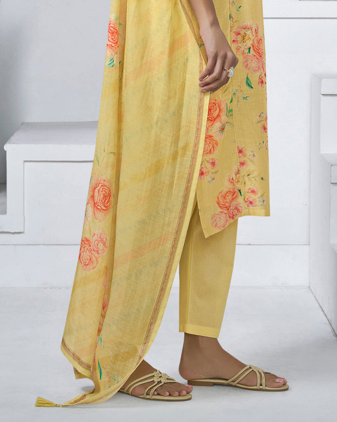 Yellow Printed With Lace Work Straight Kurta With Dyed Trousers And Printed Dupatta
