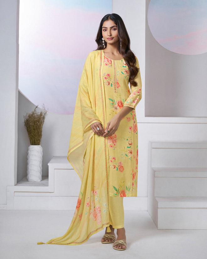 Yellow Printed With Lace Work Straight Kurta With Dyed Trousers And Printed Dupatta