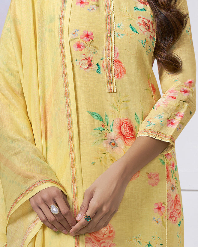 Yellow Printed With Lace Work Straight Kurta With Dyed Trousers And Printed Dupatta