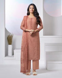 Peach Printed With Lace Work Straight Kurta With Dyed Trousers And Printed Dupatta