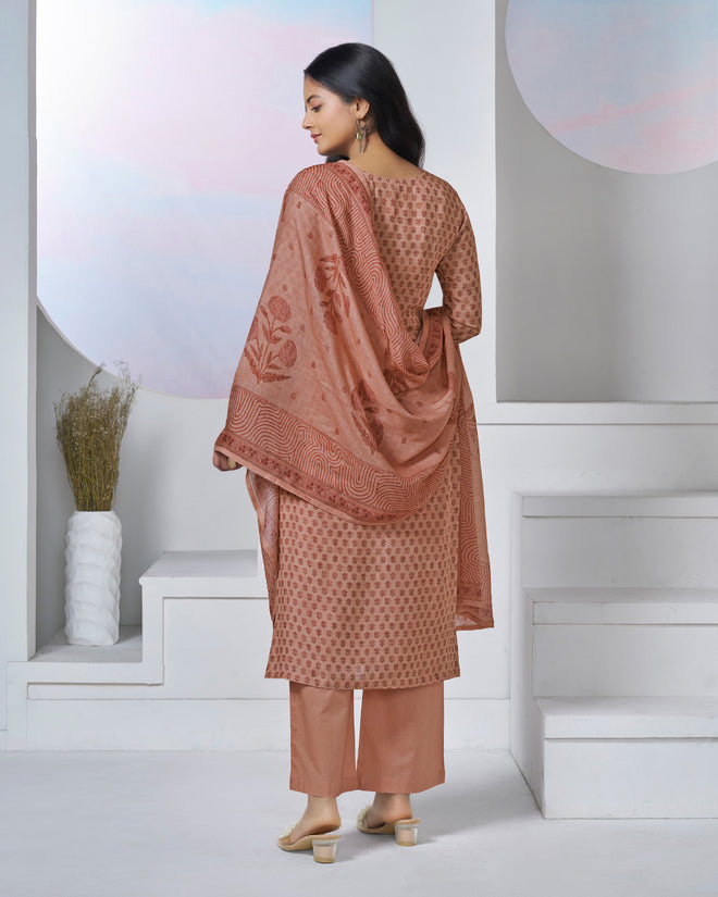 Peach Printed With Lace Work Straight Kurta With Dyed Trousers And Printed Dupatta