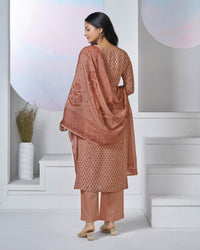 Peach Printed With Lace Work Straight Kurta With Dyed Trousers And Printed Dupatta