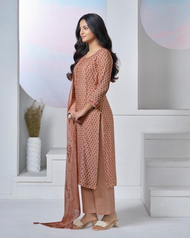 Peach Printed With Lace Work Straight Kurta With Dyed Trousers And Printed Dupatta