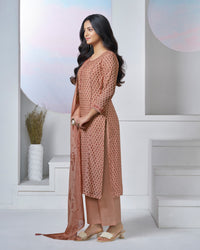 Peach Printed With Lace Work Straight Kurta With Dyed Trousers And Printed Dupatta