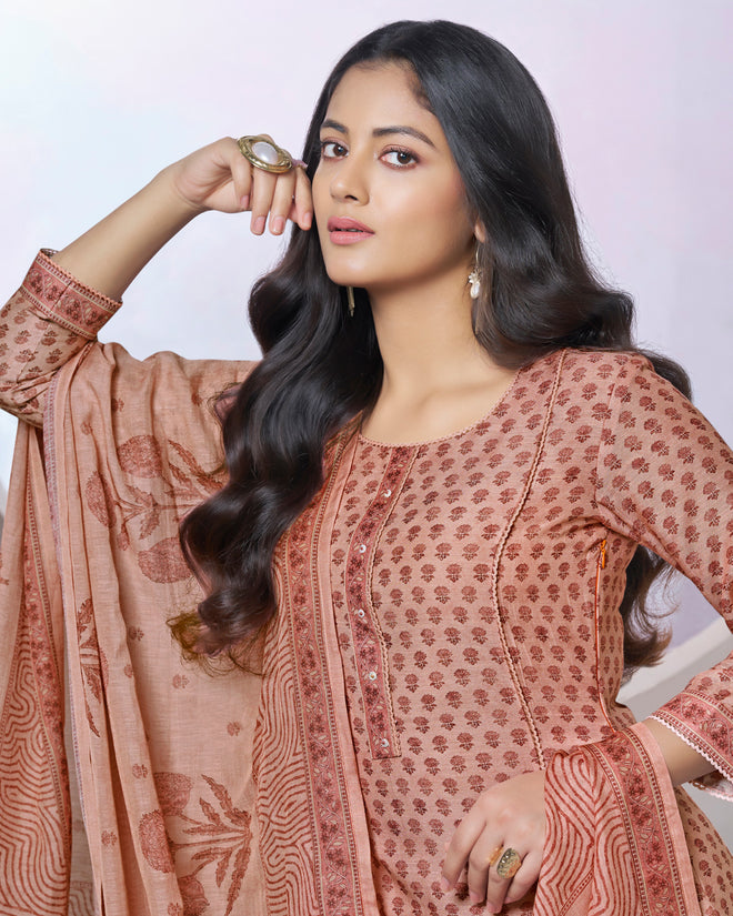Peach Printed With Lace Work Straight Kurta With Dyed Trousers And Printed Dupatta