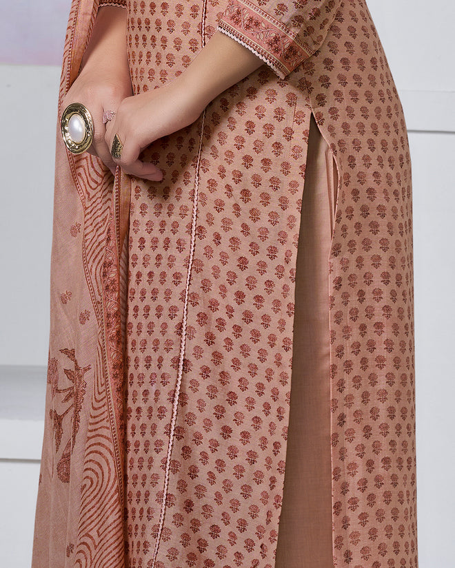 Peach Printed With Lace Work Straight Kurta With Dyed Trousers And Printed Dupatta