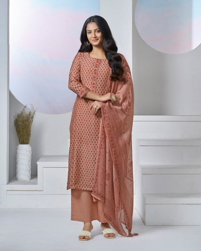 Peach Printed With Lace Work Straight Kurta With Dyed Trousers And Printed Dupatta