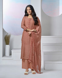 Peach Printed With Lace Work Straight Kurta With Dyed Trousers And Printed Dupatta
