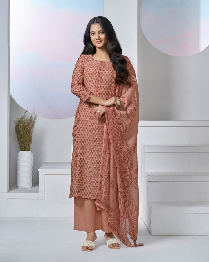 PEACH PRINTED WITH LACE WORK STRAIGHT KURTA WITH DYED TROUSERS AND PRINTED DUPATTA