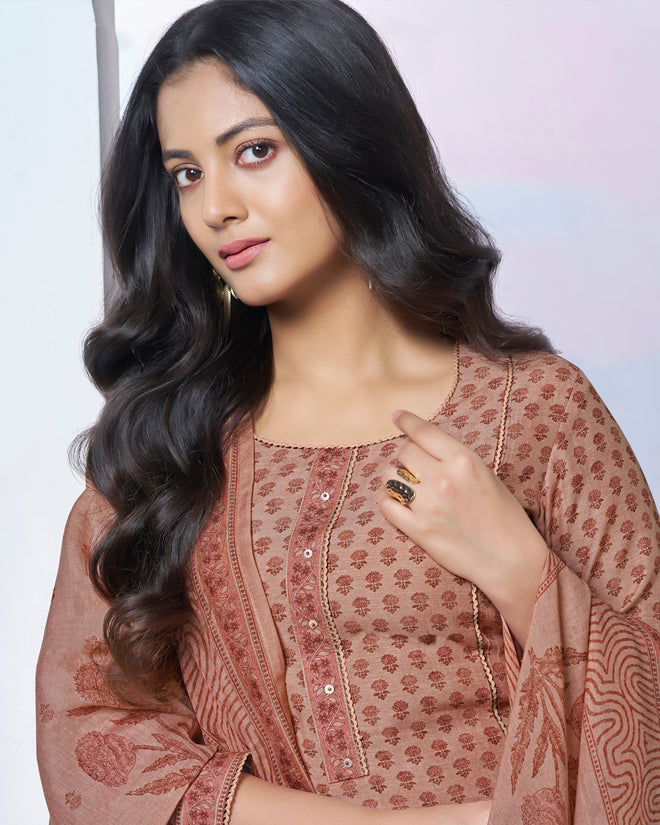 Peach Printed With Lace Work Straight Kurta With Dyed Trousers And Printed Dupatta