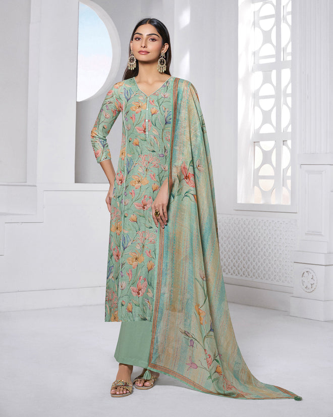Green Printed With Lace Work Straight Kurta With Dyed Trousers And Printed Dupatta