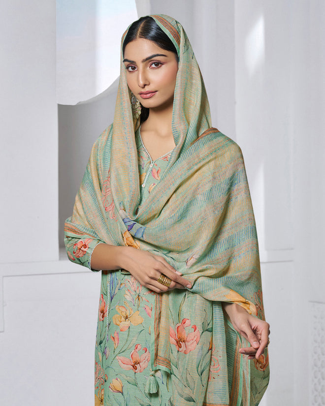 Green Printed With Lace Work Straight Kurta With Dyed Trousers And Printed Dupatta