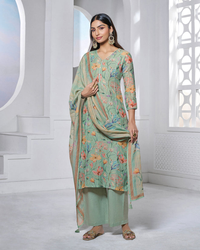 Green Printed With Lace Work Straight Kurta With Dyed Trousers And Printed Dupatta