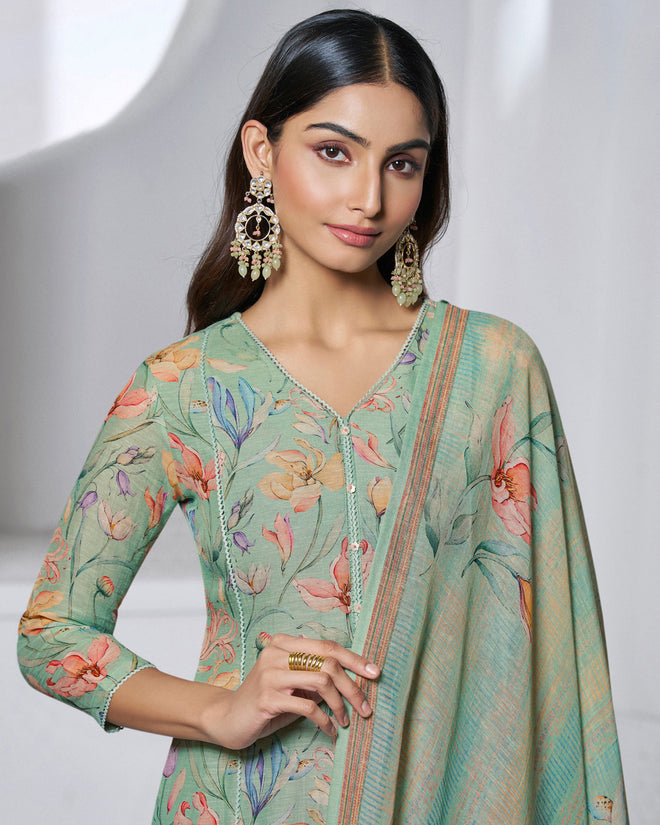 Green Printed With Lace Work Straight Kurta With Dyed Trousers And Printed Dupatta