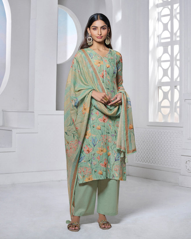 Green Printed With Lace Work Straight Kurta With Dyed Trousers And Printed Dupatta