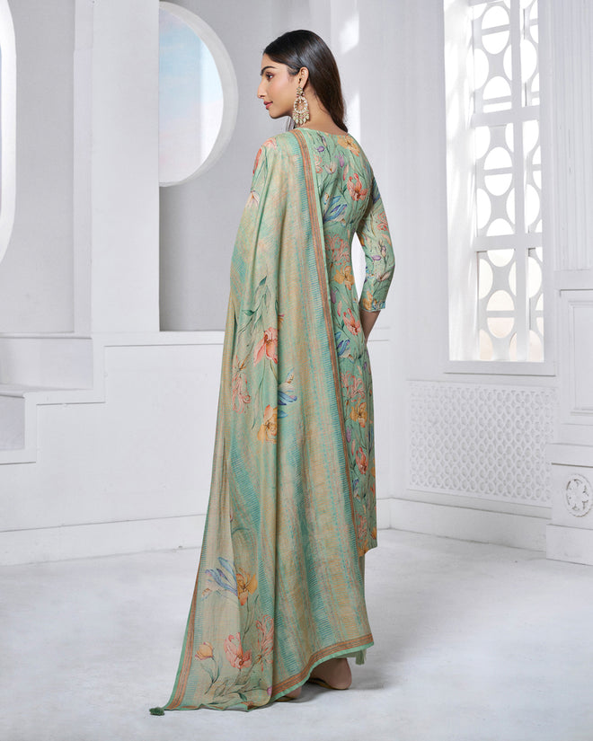Green Printed With Lace Work Straight Kurta With Dyed Trousers And Printed Dupatta