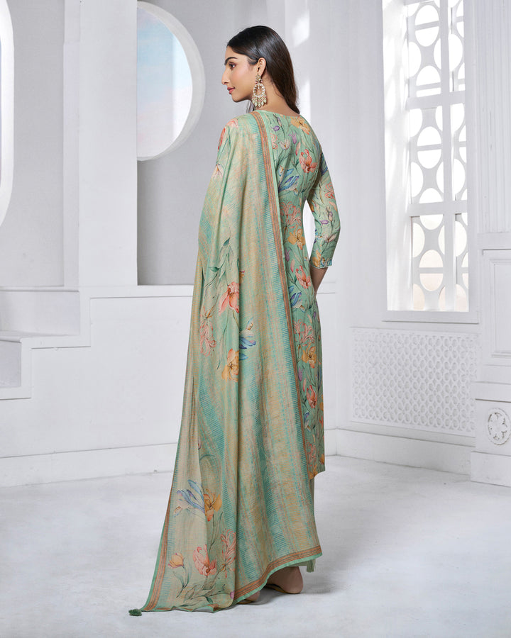 GREEN PRINTED WITH LACE WORK STRAIGHT KURTA WITH DYED TROUSERS AND PRINTED DUPATTA