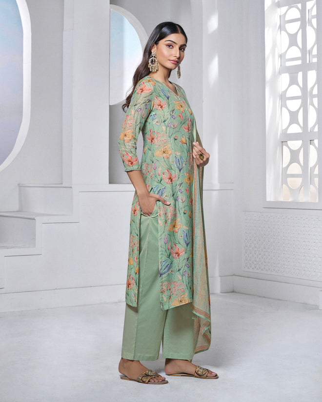 Green Printed With Lace Work Straight Kurta With Dyed Trousers And Printed Dupatta