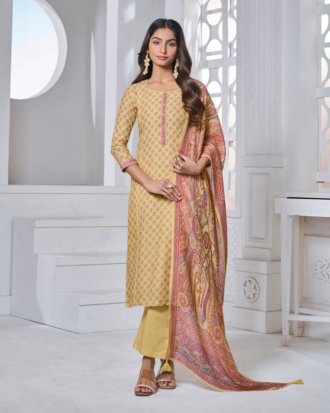 Yellow Printed With Lace Work Straight Kurta With Dyed Trousers And Printed Dupatta
