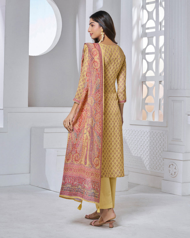 Yellow Printed With Lace Work Straight Kurta With Dyed Trousers And Printed Dupatta