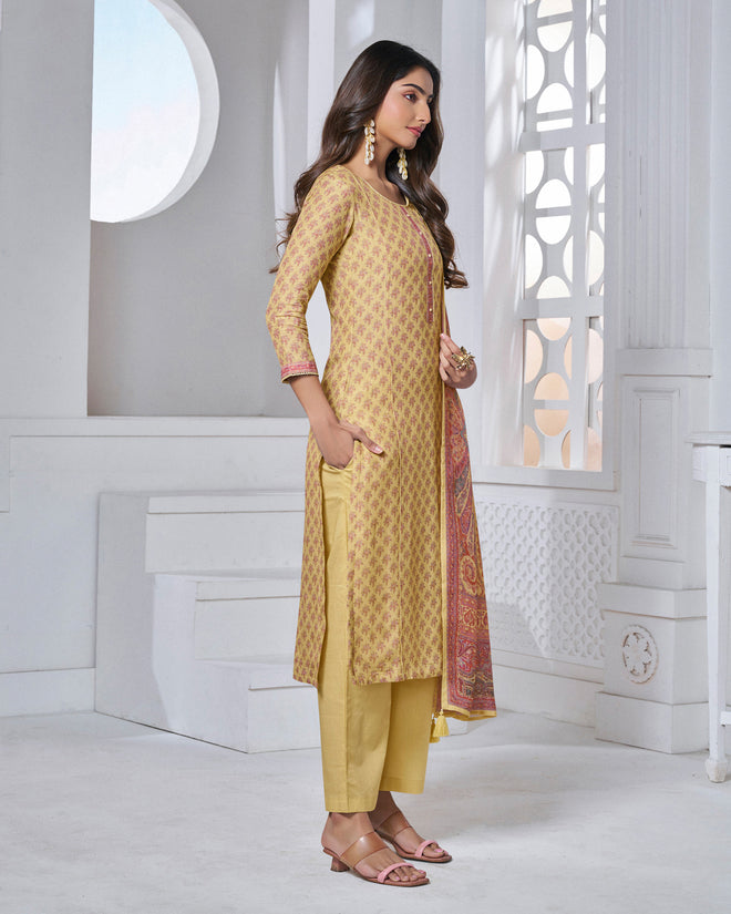 Yellow Printed With Lace Work Straight Kurta With Dyed Trousers And Printed Dupatta
