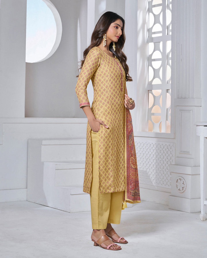 YELLOW PRINTED WITH LACE WORK STRAIGHT KURTA WITH DYED TROUSERS AND PRINTED DUPATTA
