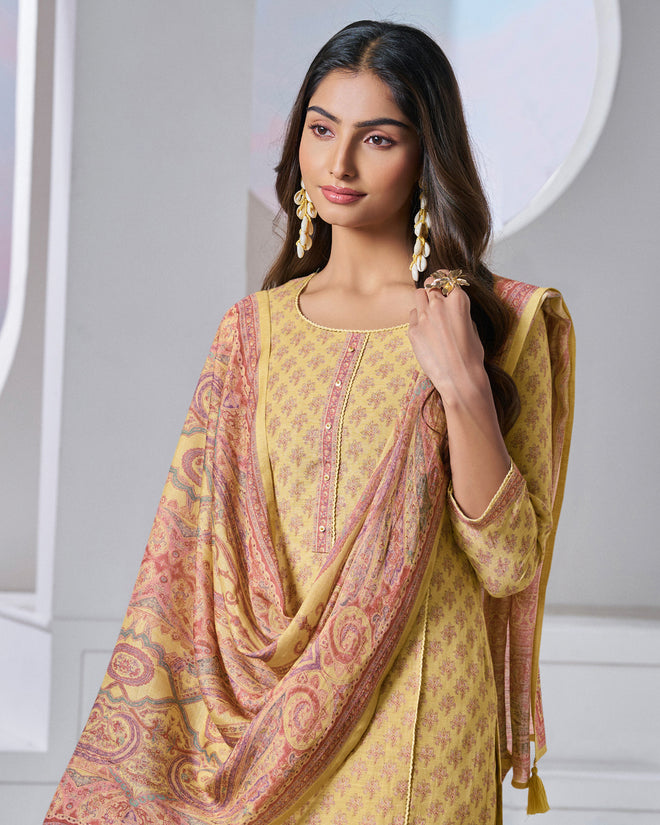 Yellow Printed With Lace Work Straight Kurta With Dyed Trousers And Printed Dupatta
