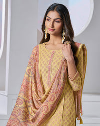 Yellow Printed With Lace Work Straight Kurta With Dyed Trousers And Printed Dupatta