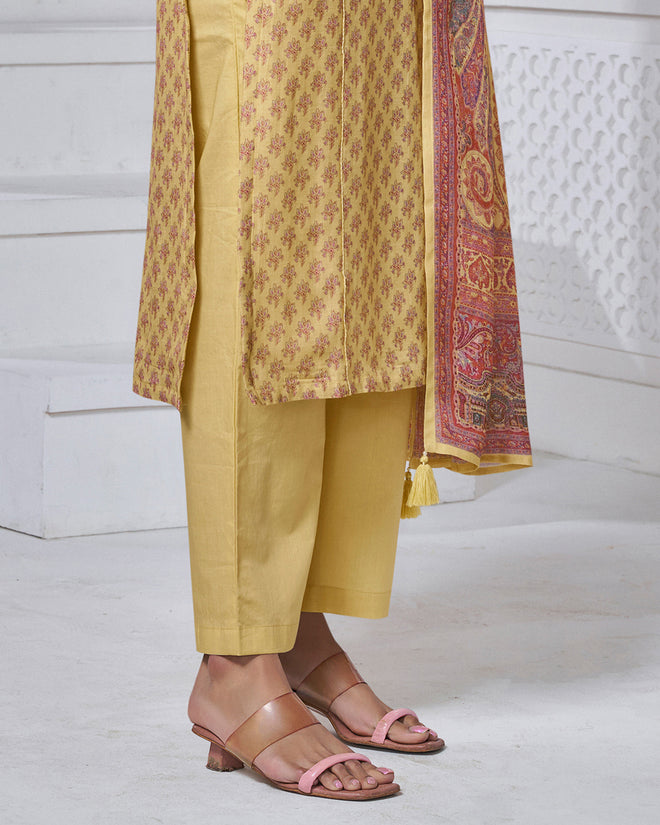 Yellow Printed With Lace Work Straight Kurta With Dyed Trousers And Printed Dupatta