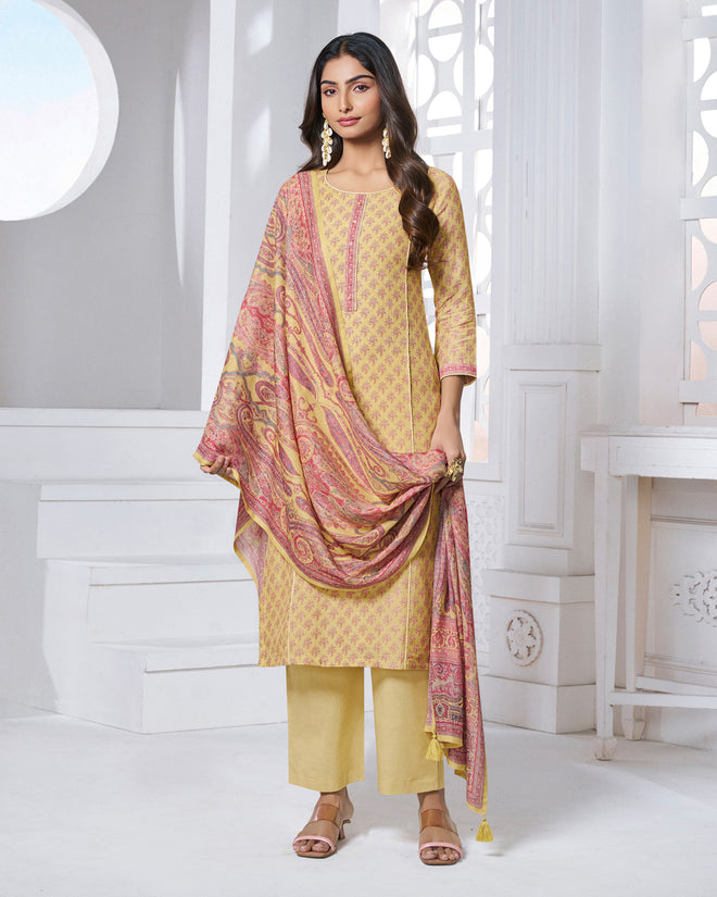 Yellow Printed With Lace Work Straight Kurta With Dyed Trousers And Printed Dupatta