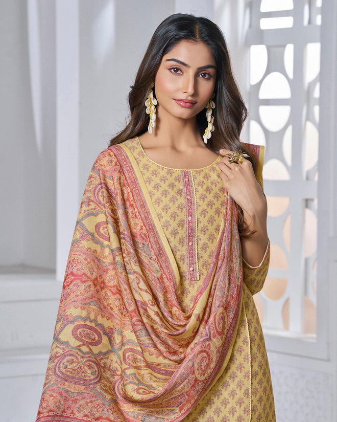Yellow Printed With Lace Work Straight Kurta With Dyed Trousers And Printed Dupatta