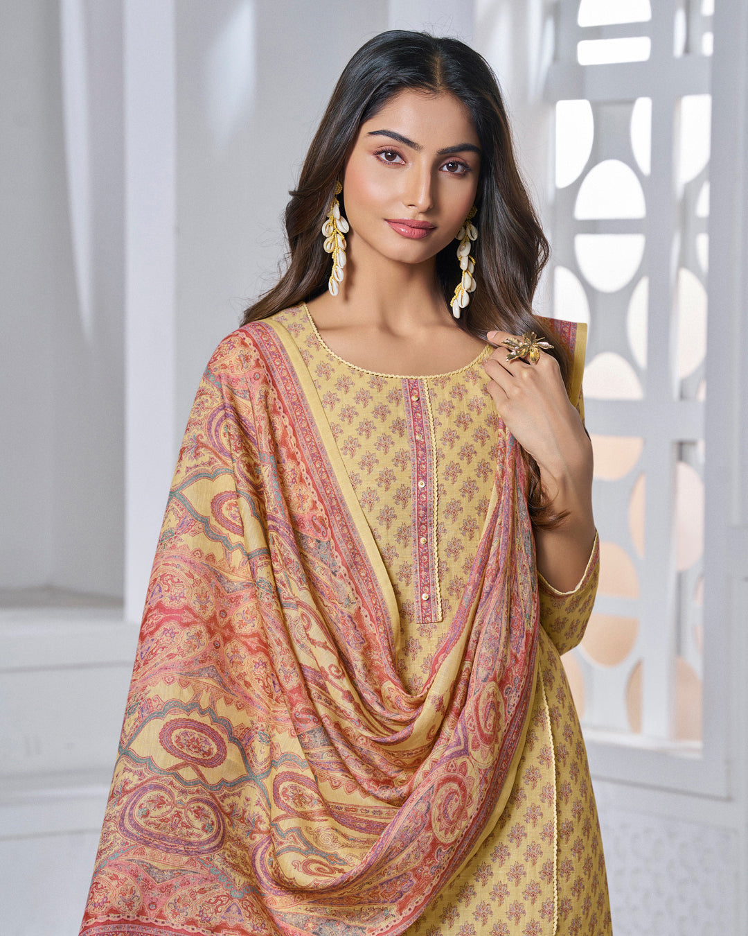 Yellow Printed With Lace Work Straight Kurta With Dyed Trousers And Printed Dupatta