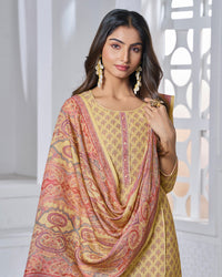 Yellow Printed With Lace Work Straight Kurta With Dyed Trousers And Printed Dupatta