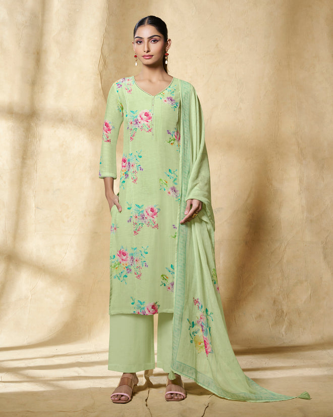 Green Printed With Lace Work Straight Kurta With Dyed Trousers And Printed Dupatta
