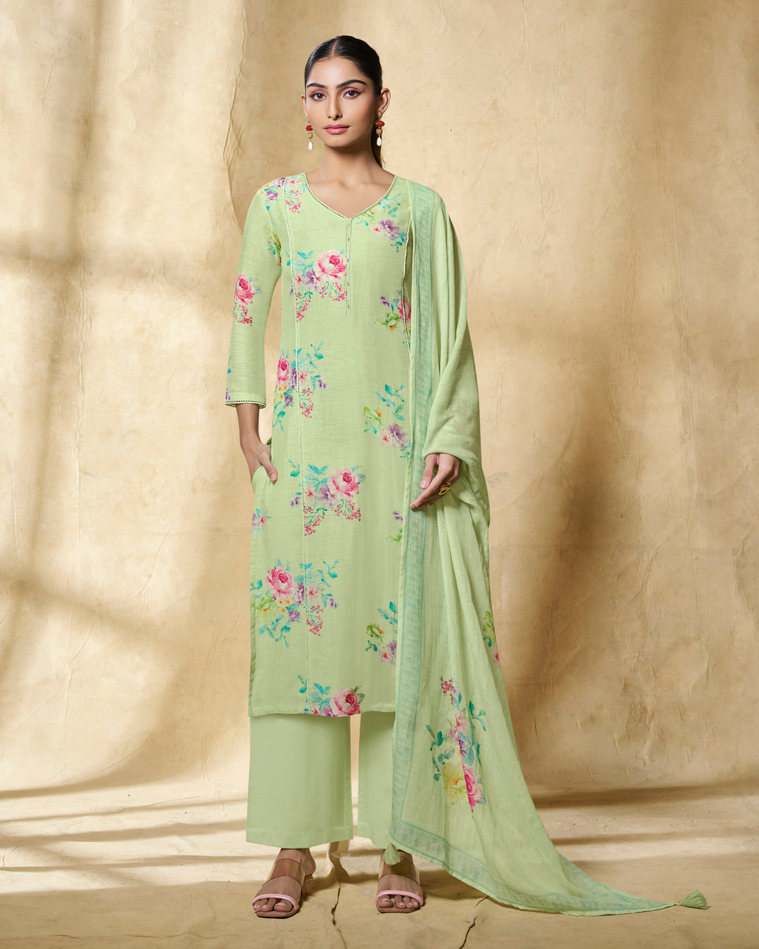 GREEN PRINTED WITH LACE WORK STRAIGHT KURTA WITH DYED TROUSERS AND PRINTED DUPATTA