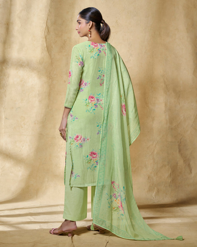 Green Printed With Lace Work Straight Kurta With Dyed Trousers And Printed Dupatta