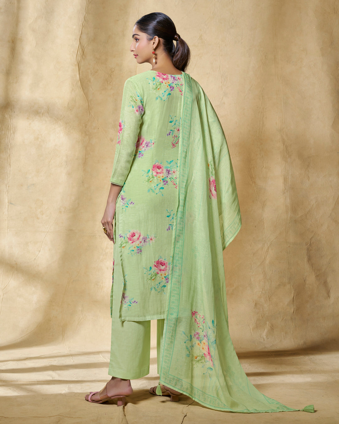GREEN PRINTED WITH LACE WORK STRAIGHT KURTA WITH DYED TROUSERS AND PRINTED DUPATTA