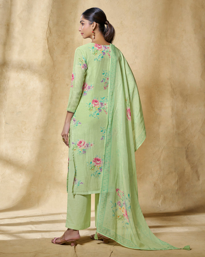 GREEN PRINTED WITH LACE WORK STRAIGHT KURTA WITH DYED TROUSERS AND PRINTED DUPATTA