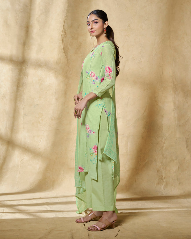 Green Printed With Lace Work Straight Kurta With Dyed Trousers And Printed Dupatta