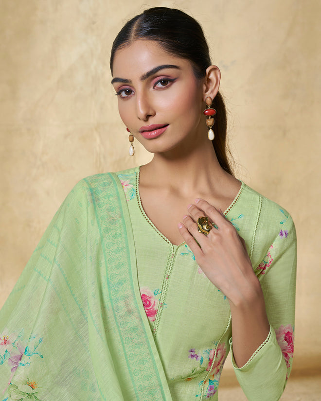 Green Printed With Lace Work Straight Kurta With Dyed Trousers And Printed Dupatta