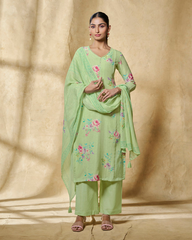 Green Printed With Lace Work Straight Kurta With Dyed Trousers And Printed Dupatta