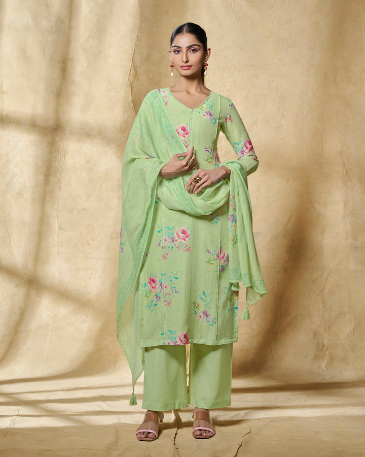 GREEN PRINTED WITH LACE WORK STRAIGHT KURTA WITH DYED TROUSERS AND PRINTED DUPATTA