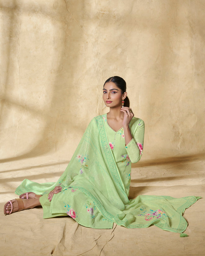 Green Printed With Lace Work Straight Kurta With Dyed Trousers And Printed Dupatta