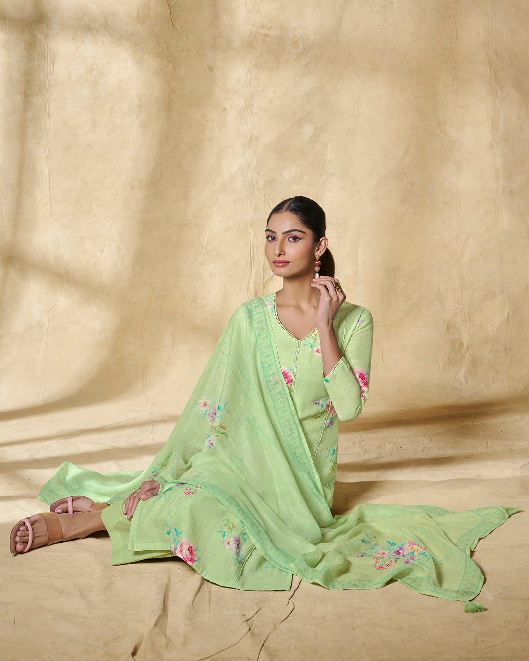 GREEN PRINTED WITH LACE WORK STRAIGHT KURTA WITH DYED TROUSERS AND PRINTED DUPATTA