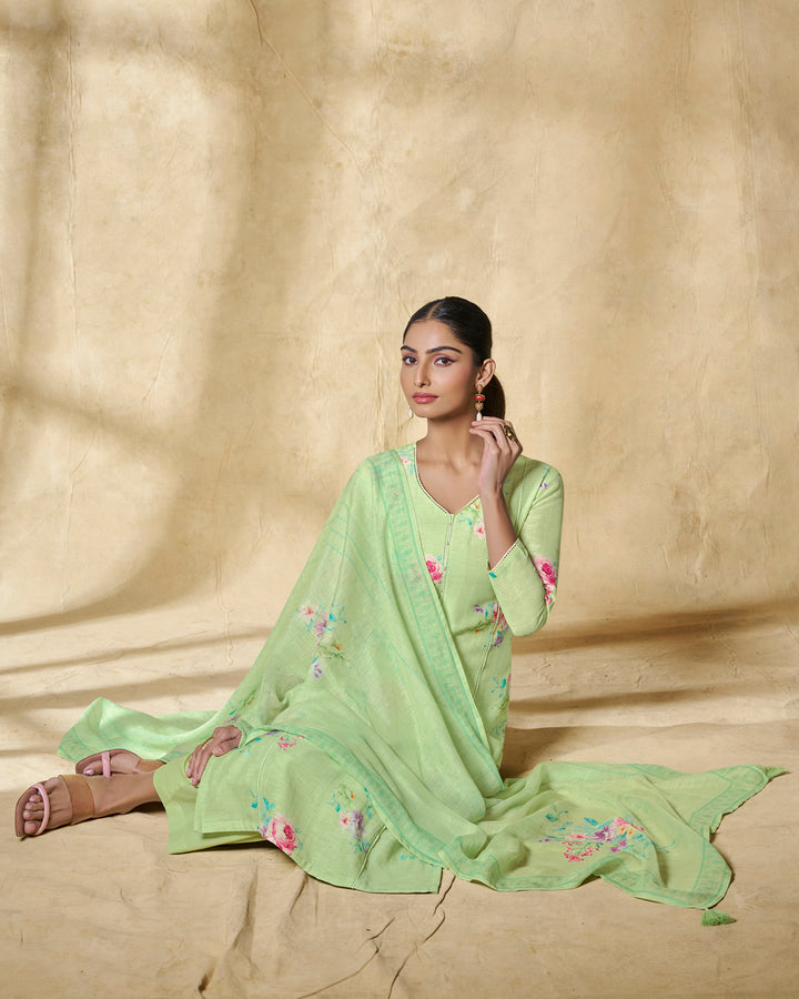 GREEN PRINTED WITH LACE WORK STRAIGHT KURTA WITH DYED TROUSERS AND PRINTED DUPATTA