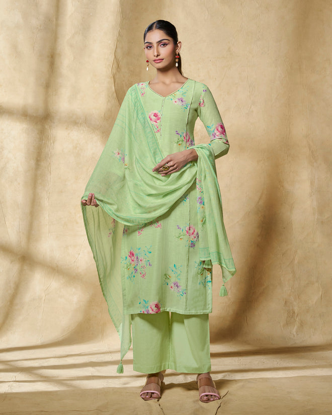 Green Printed With Lace Work Straight Kurta With Dyed Trousers And Printed Dupatta