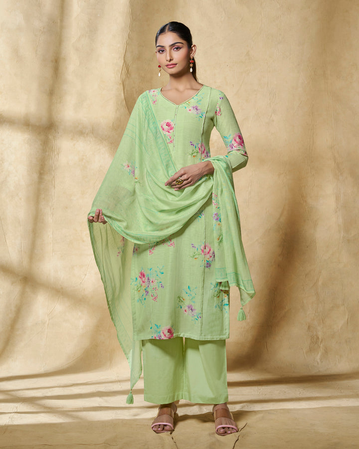 GREEN PRINTED WITH LACE WORK STRAIGHT KURTA WITH DYED TROUSERS AND PRINTED DUPATTA