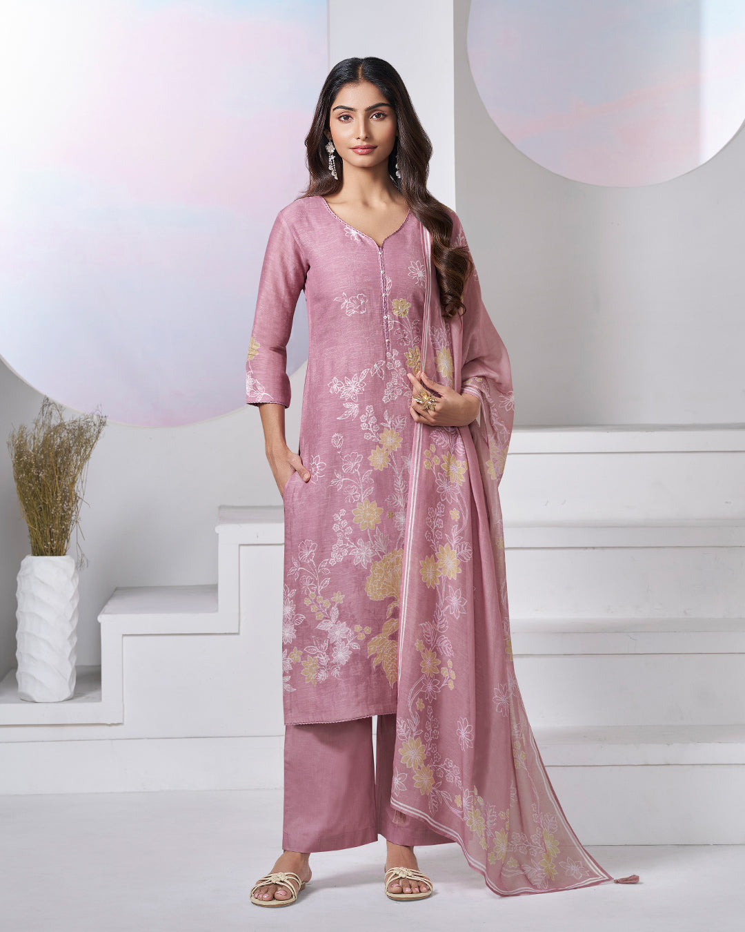 PINK PRINTED WITH LACE WORK STRAIGHT KURTA WITH DYED TROUSERS AND PRINTED DUPATTA